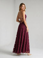 Mulberry Jacquard A-Line Criss-Cross Straps Floor-Length Formal Dress with Pleating - Curvevia