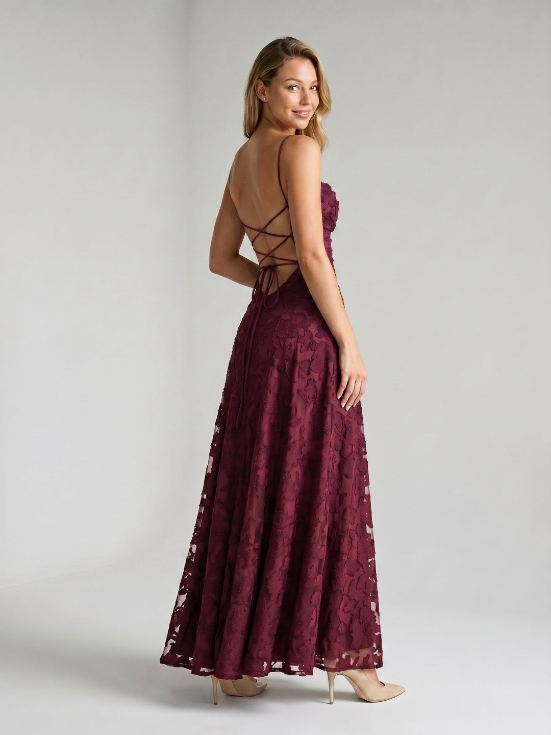 Mulberry Jacquard A-Line Criss-Cross Straps Floor-Length Formal Dress with Pleating - Curvevia