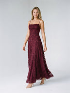 Mulberry Jacquard A-Line Criss-Cross Straps Floor-Length Formal Dress with Pleating - Curvevia