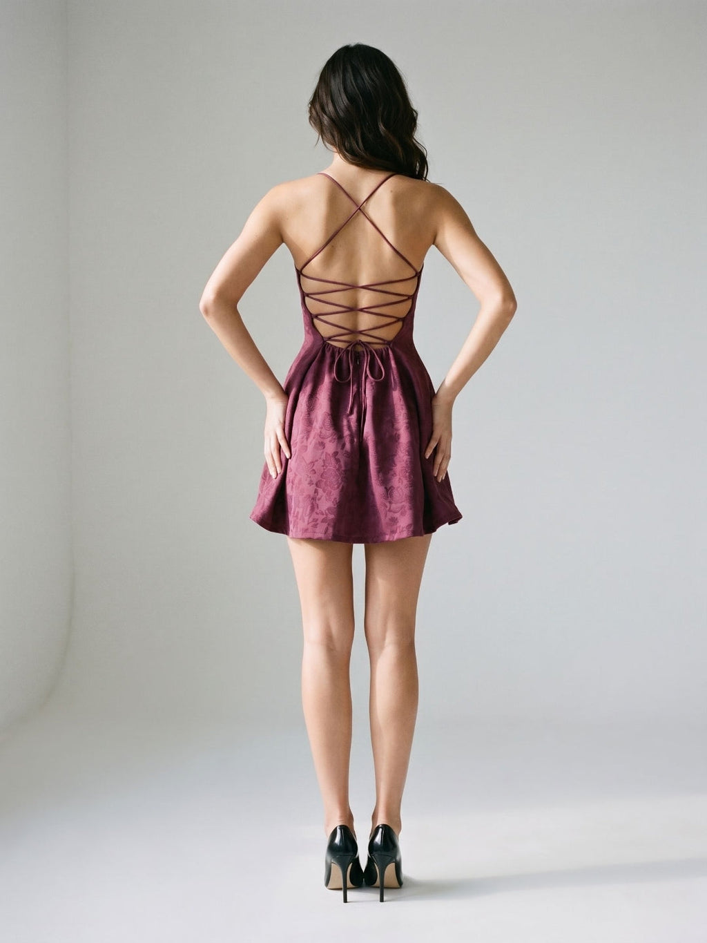 Mulberry Jacquard A-Line Straight Neck Criss-Cross Straps Short Dress with Pleating - Curvevia