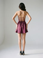 Mulberry Jacquard A-Line Straight Neck Criss-Cross Straps Short Dress with Pleating - Curvevia