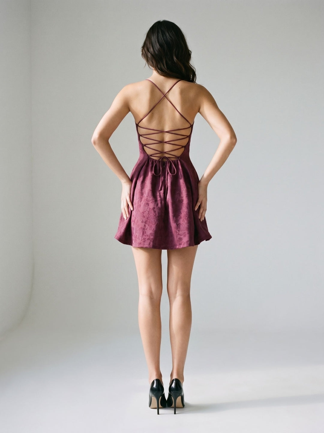 Mulberry Jacquard A-Line Straight Neck Criss-Cross Straps Short Dress with Pleating - Curvevia