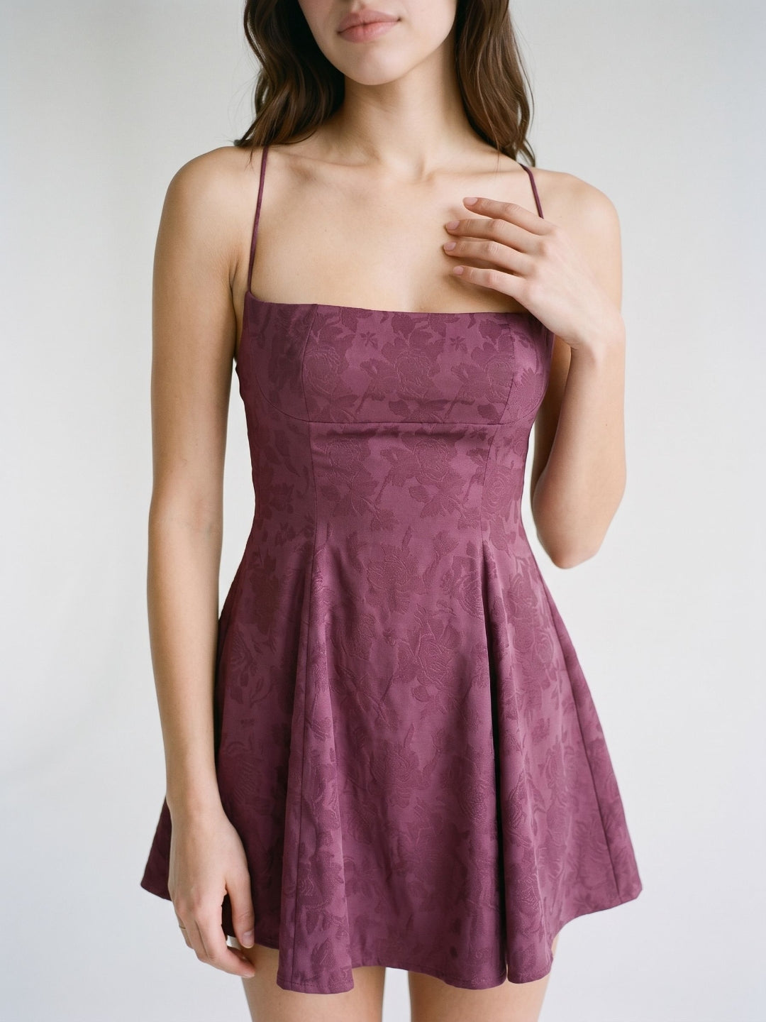 Mulberry Jacquard A-Line Straight Neck Criss-Cross Straps Short Dress with Pleating - Curvevia