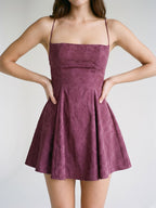 Mulberry Jacquard A-Line Straight Neck Criss-Cross Straps Short Dress with Pleating - Curvevia