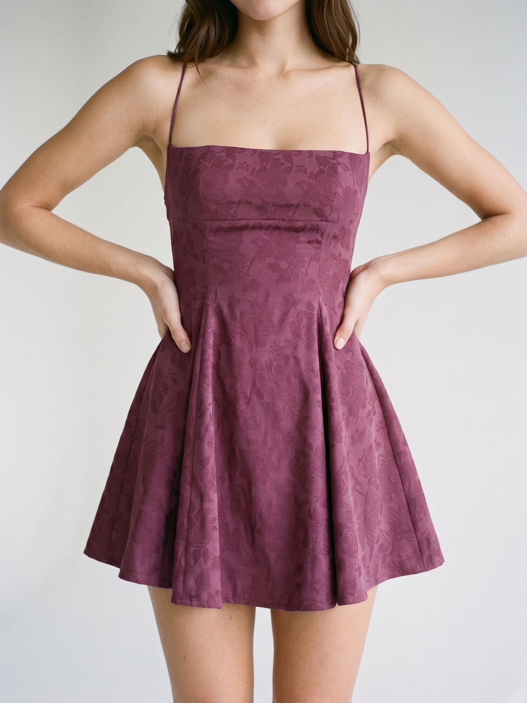 Mulberry Jacquard A-Line Straight Neck Criss-Cross Straps Short Dress with Pleating - Curvevia