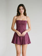 Mulberry Jacquard A-Line Straight Neck Criss-Cross Straps Short Dress with Pleating - Curvevia