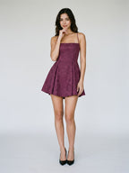 Mulberry Jacquard A-Line Straight Neck Criss-Cross Straps Short Dress with Pleating - Curvevia