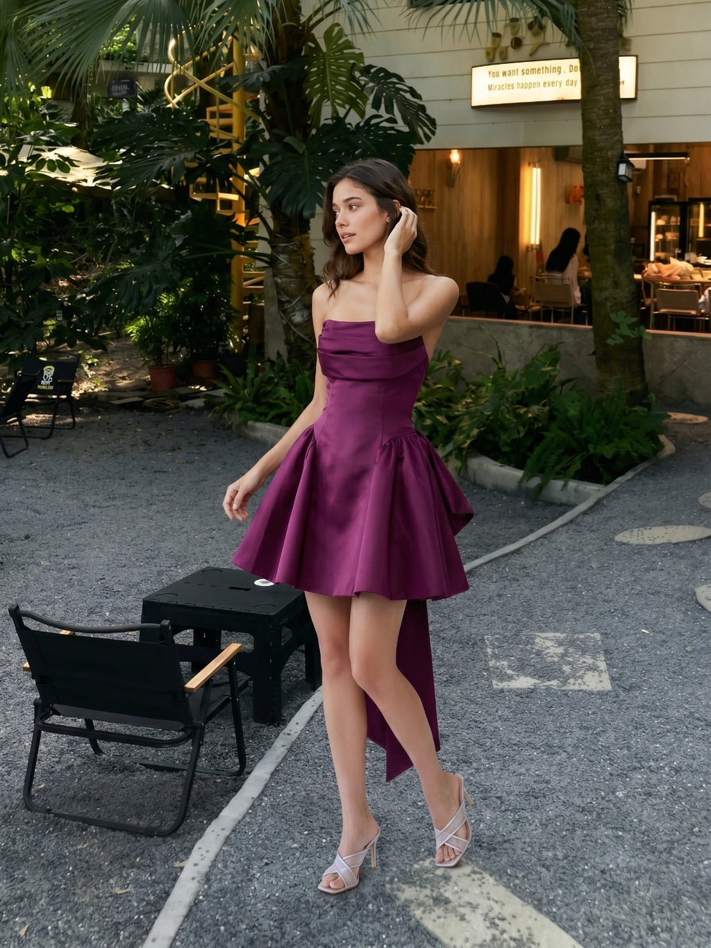 Mulberry Satin A-Line Straight Neck Criss-Cross Straps Short Homecoming Dress with Pleating - Curvevia