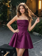 Mulberry Satin A-Line Straight Neck Criss-Cross Straps Short Homecoming Dress with Pleating - Curvevia
