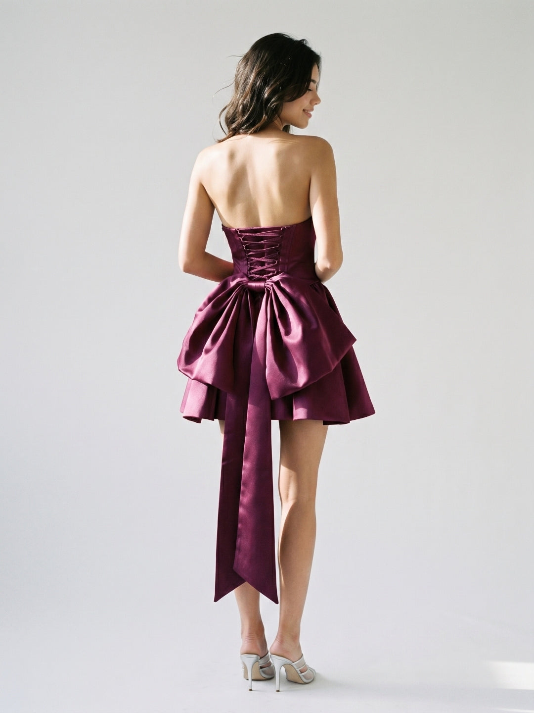 Mulberry Satin A-Line Straight Neck Criss-Cross Straps Short Homecoming Dress with Pleating - Curvevia