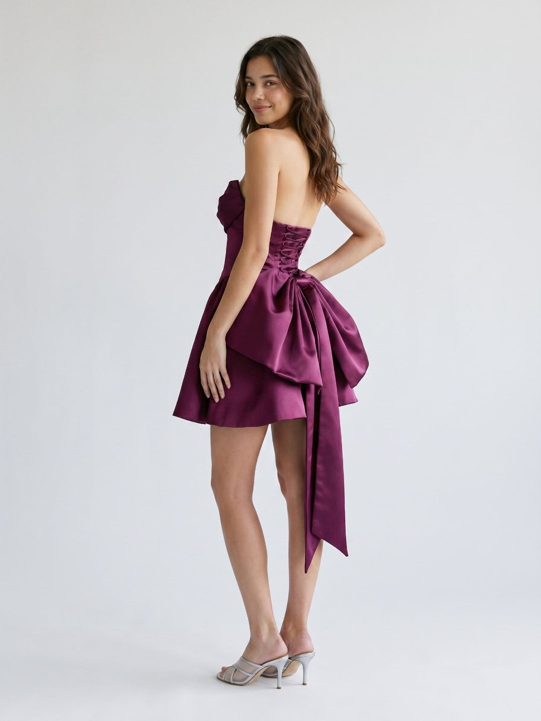Mulberry Satin A-Line Straight Neck Criss-Cross Straps Short Homecoming Dress with Pleating - Curvevia