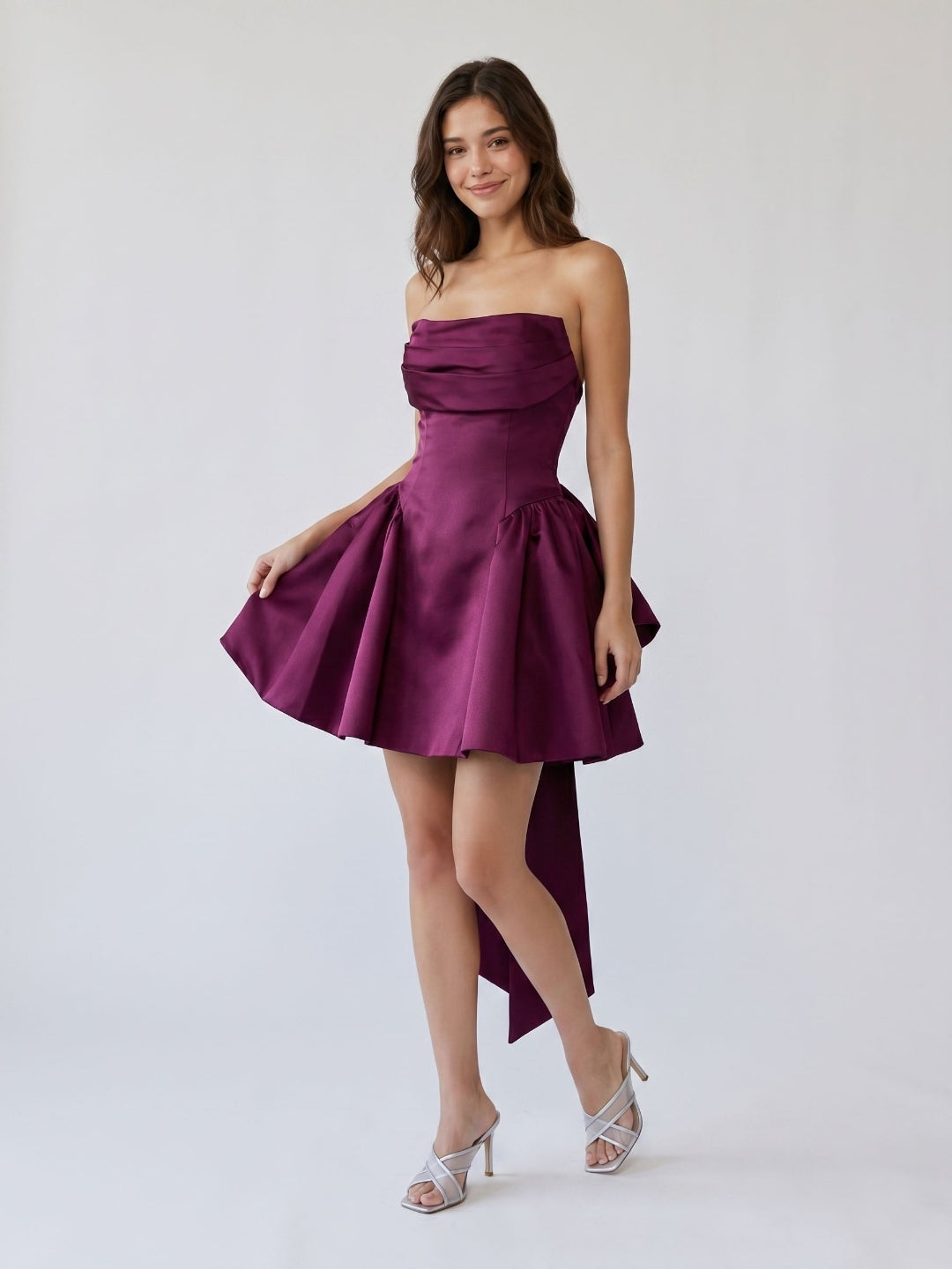 Mulberry Satin A-Line Straight Neck Criss-Cross Straps Short Homecoming Dress with Pleating - Curvevia