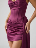 Mulberry Satin Column V-Neck Lace-Up Back Short Homecoming Dress with Pleating - Curvevia