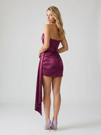 Mulberry Satin Column V-Neck Lace-Up Back Short Homecoming Dress with Pleating - Curvevia