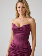 Mulberry Satin Column V-Neck Lace-Up Back Short Homecoming Dress with Pleating - Curvevia