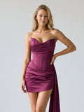 Mulberry Satin Column V-Neck Lace-Up Back Short Homecoming Dress with Pleating - Curvevia