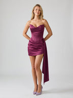 Mulberry Satin Column V-Neck Lace-Up Back Short Homecoming Dress with Pleating - Curvevia