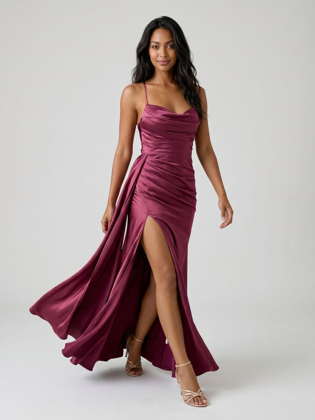 Mulberry Satin Sheath Sweetheart Lace-Up Back Floor-Length Birthday Dress with Pleating - Curvevia