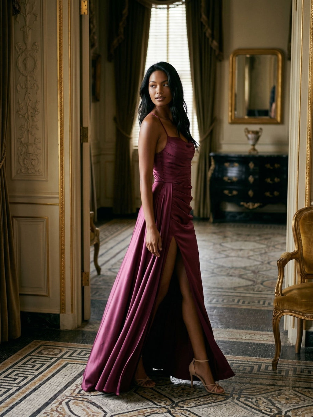 Mulberry Satin Sheath Sweetheart Lace-Up Back Floor-Length Birthday Dress with Pleating - Curvevia