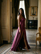Mulberry Satin Sheath Sweetheart Lace-Up Back Floor-Length Birthday Dress with Pleating - Curvevia