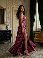 Mulberry Satin Sheath Sweetheart Lace-Up Back Floor-Length Birthday Dress with Pleating - Curvevia