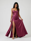 Mulberry Satin Sheath Sweetheart Lace-Up Back Floor-Length Birthday Dress with Pleating - Curvevia