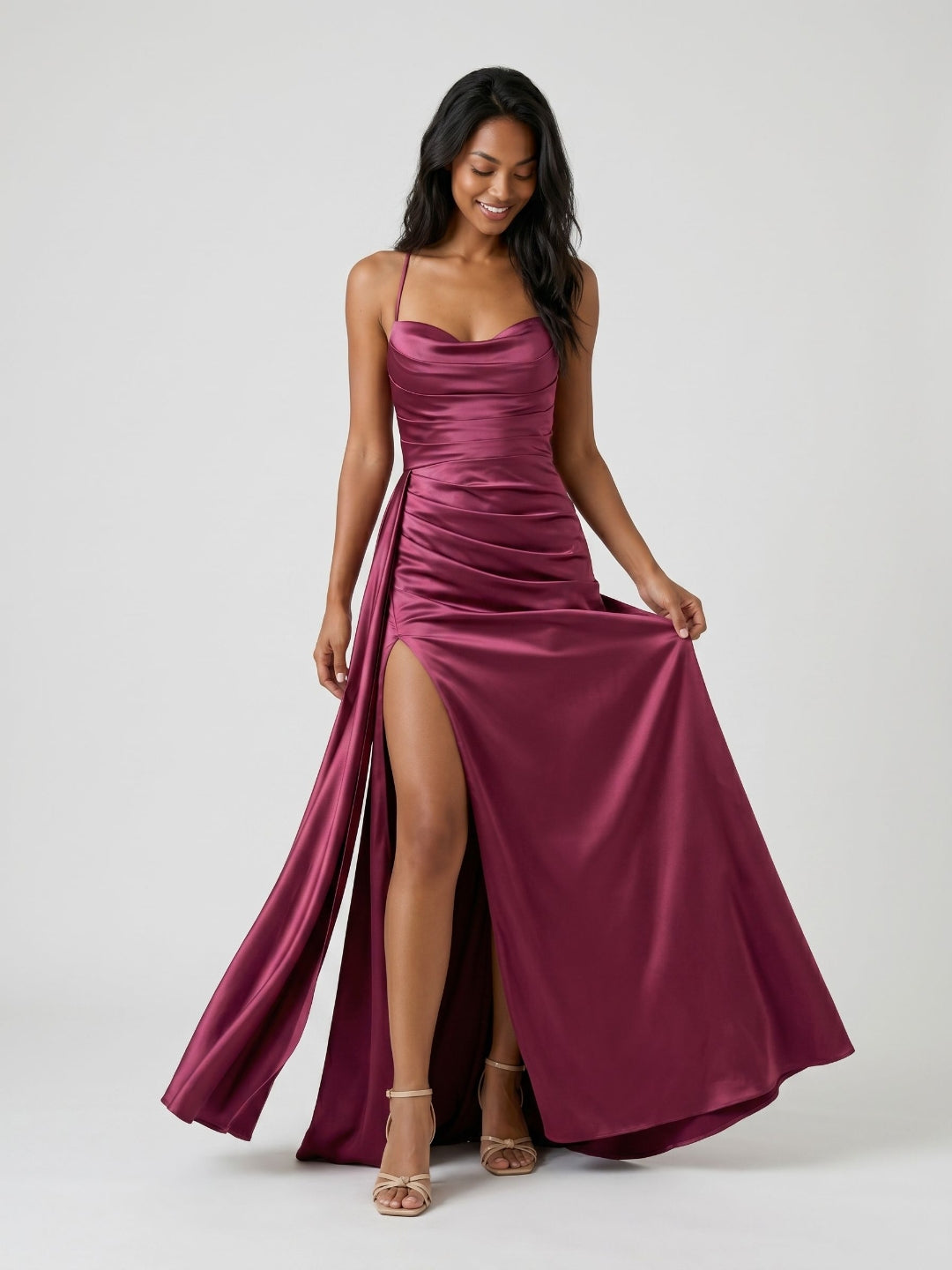 Mulberry Satin Sheath Sweetheart Lace-Up Back Floor-Length Birthday Dress with Pleating - Curvevia