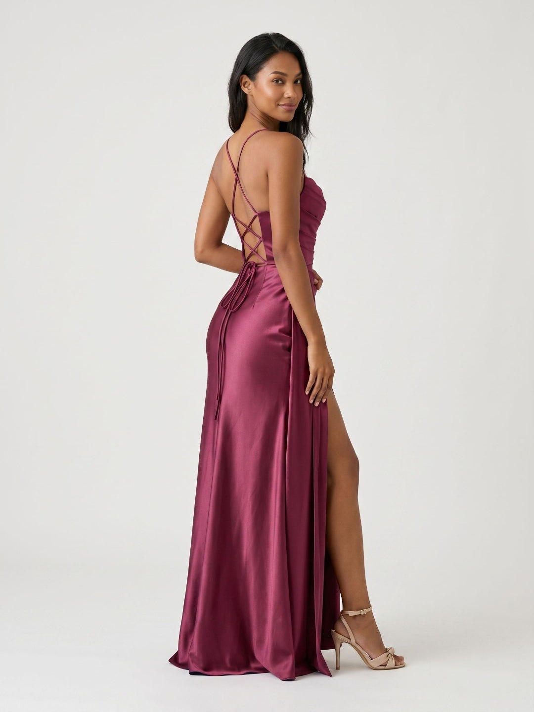 Mulberry Satin Sheath Sweetheart Lace-Up Back Floor-Length Birthday Dress with Pleating - Curvevia