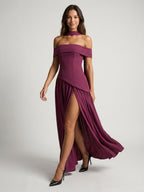 Mulberry Stretch Knit A-Line Off-Shoulder Back Zip Floor-Length Evening Dress with Pleating - Curvevia