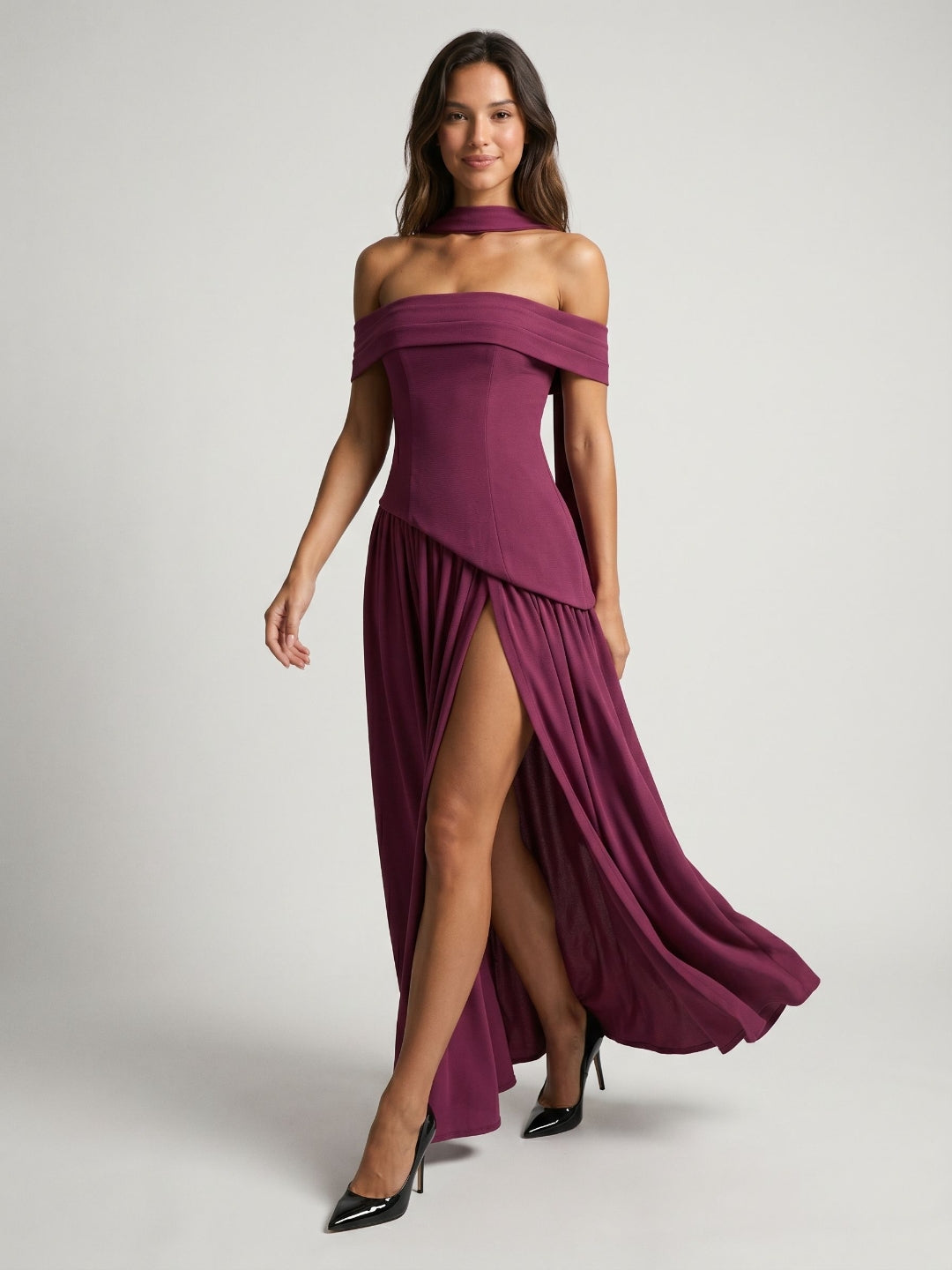 Mulberry Stretch Knit A-Line Off-Shoulder Back Zip Floor-Length Evening Dress with Pleating - Curvevia