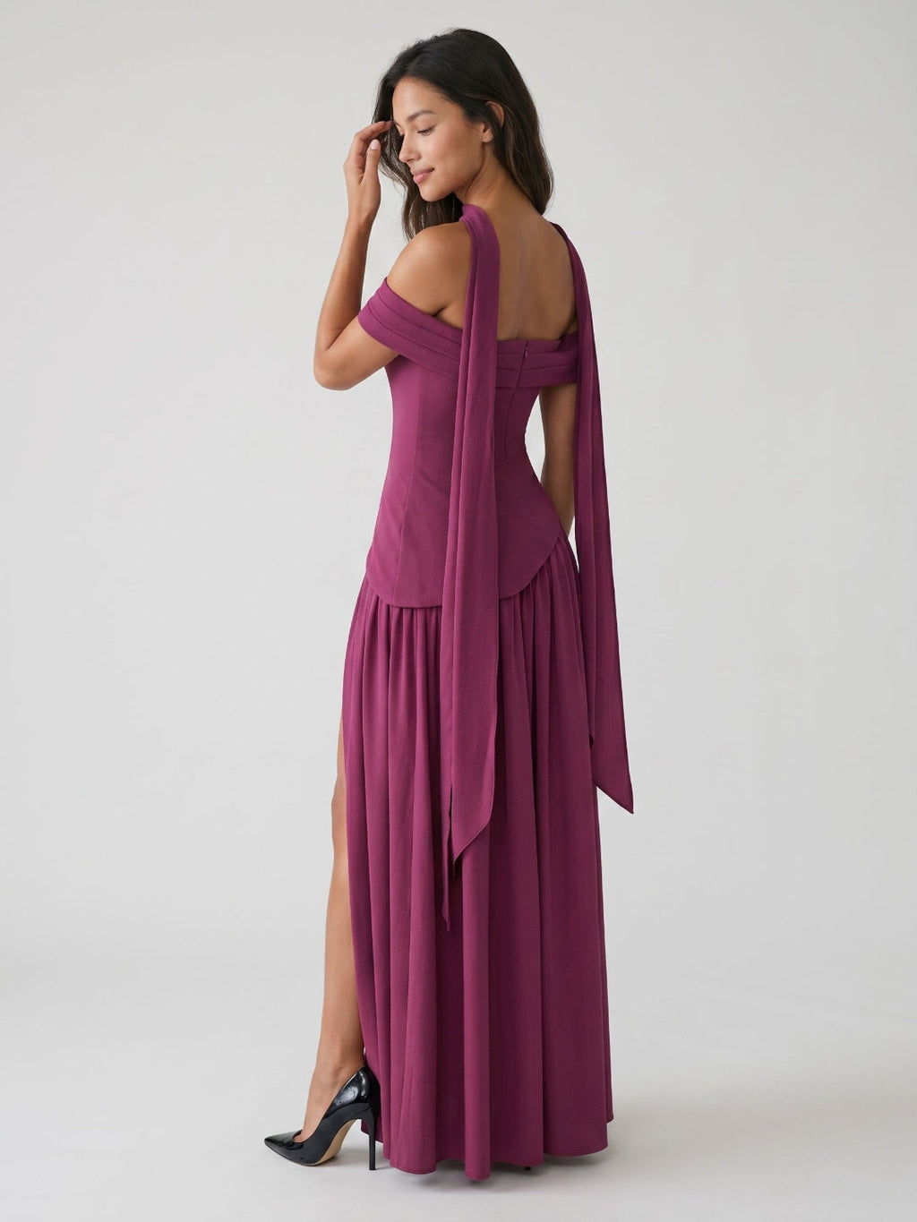 Mulberry Stretch Knit A-Line Off-Shoulder Back Zip Floor-Length Evening Dress with Pleating - Curvevia