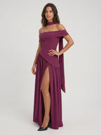 Mulberry Stretch Knit A-Line Off-Shoulder Back Zip Floor-Length Evening Dress with Pleating - Curvevia