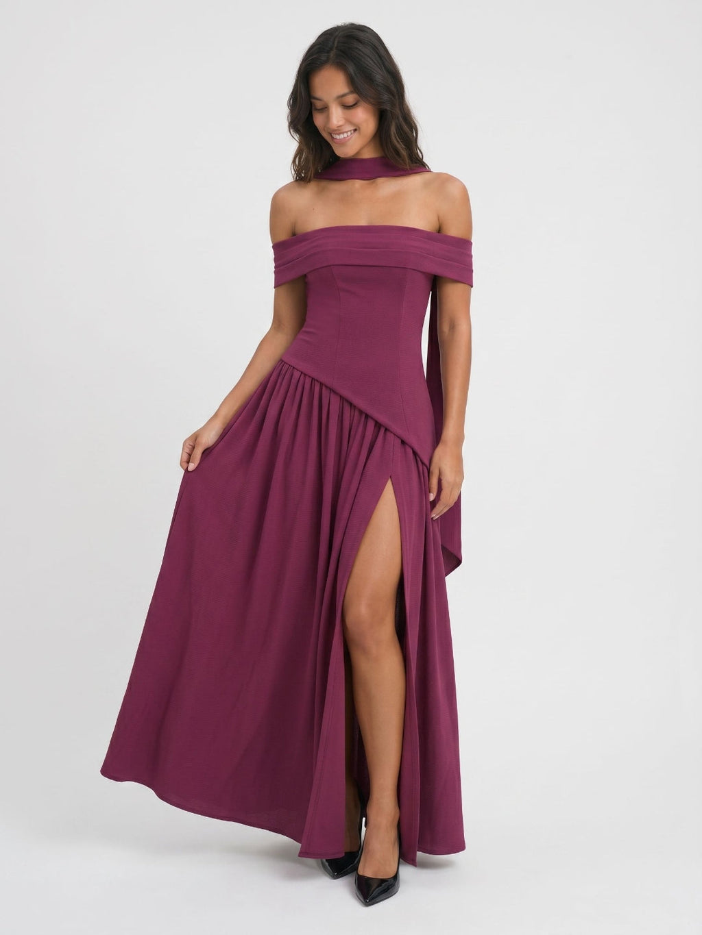 Mulberry Stretch Knit A-Line Off-Shoulder Back Zip Floor-Length Evening Dress with Pleating - Curvevia