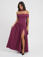 Mulberry Stretch Knit A-Line Off-Shoulder Back Zip Floor-Length Evening Dress with Pleating - Curvevia