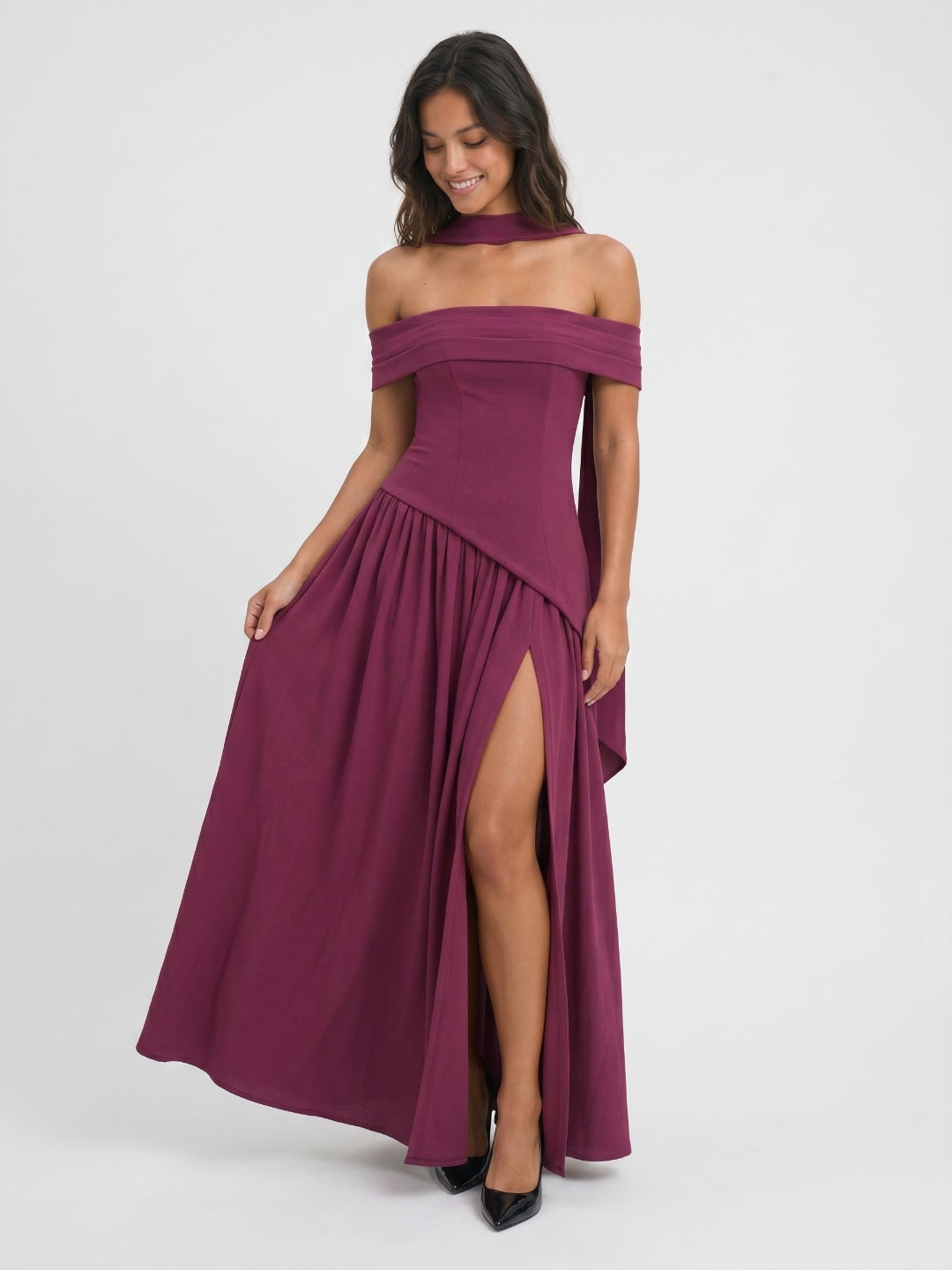 Mulberry Stretch Knit A-Line Off-Shoulder Back Zip Floor-Length Evening Dress with Pleating - Curvevia