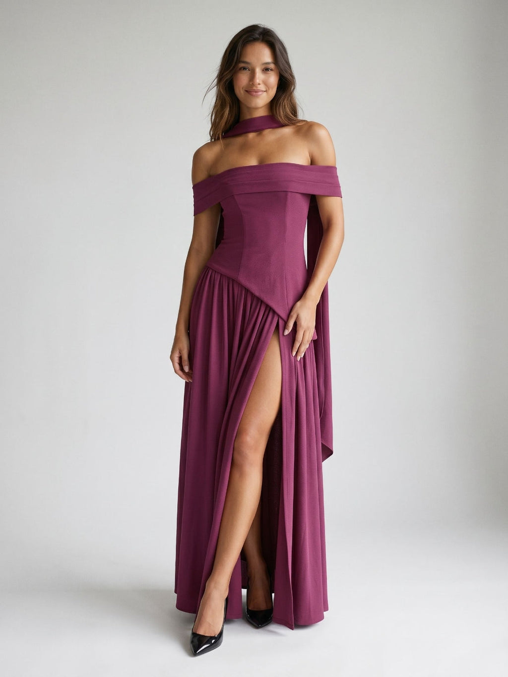 Mulberry Stretch Knit A-Line Off-Shoulder Back Zip Floor-Length Evening Dress with Pleating - Curvevia