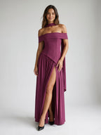 Mulberry Stretch Knit A-Line Off-Shoulder Back Zip Floor-Length Evening Dress with Pleating - Curvevia