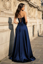 A Line Black Strapless Satin Evening Dress With Slit - Curvevia