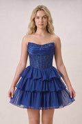 Navy Blue - Strapless A Line Chiffon Beaded Wedding Guest Dress With Ruffles - Curvevia