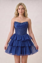Navy Blue - Strapless A Line Chiffon Beaded Wedding Guest Dress With Ruffles - Curvevia