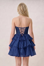 Navy Blue - Strapless A Line Chiffon Beaded Wedding Guest Dress With Ruffles - Curvevia