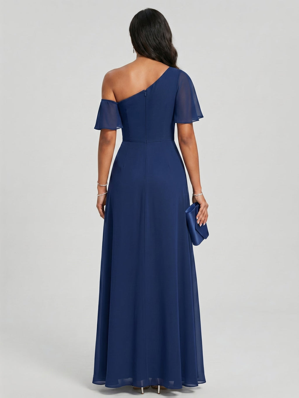 Modest Navy Blue Chiffon A-Line One Shoulder Back Zip with nan Ankle-Length Plus Size Bridesmaid Dress - Curvevia