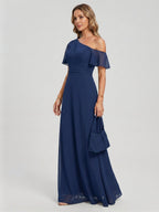 Modest Navy Blue Chiffon A-Line One Shoulder Back Zip with nan Ankle-Length Plus Size Bridesmaid Dress - Curvevia
