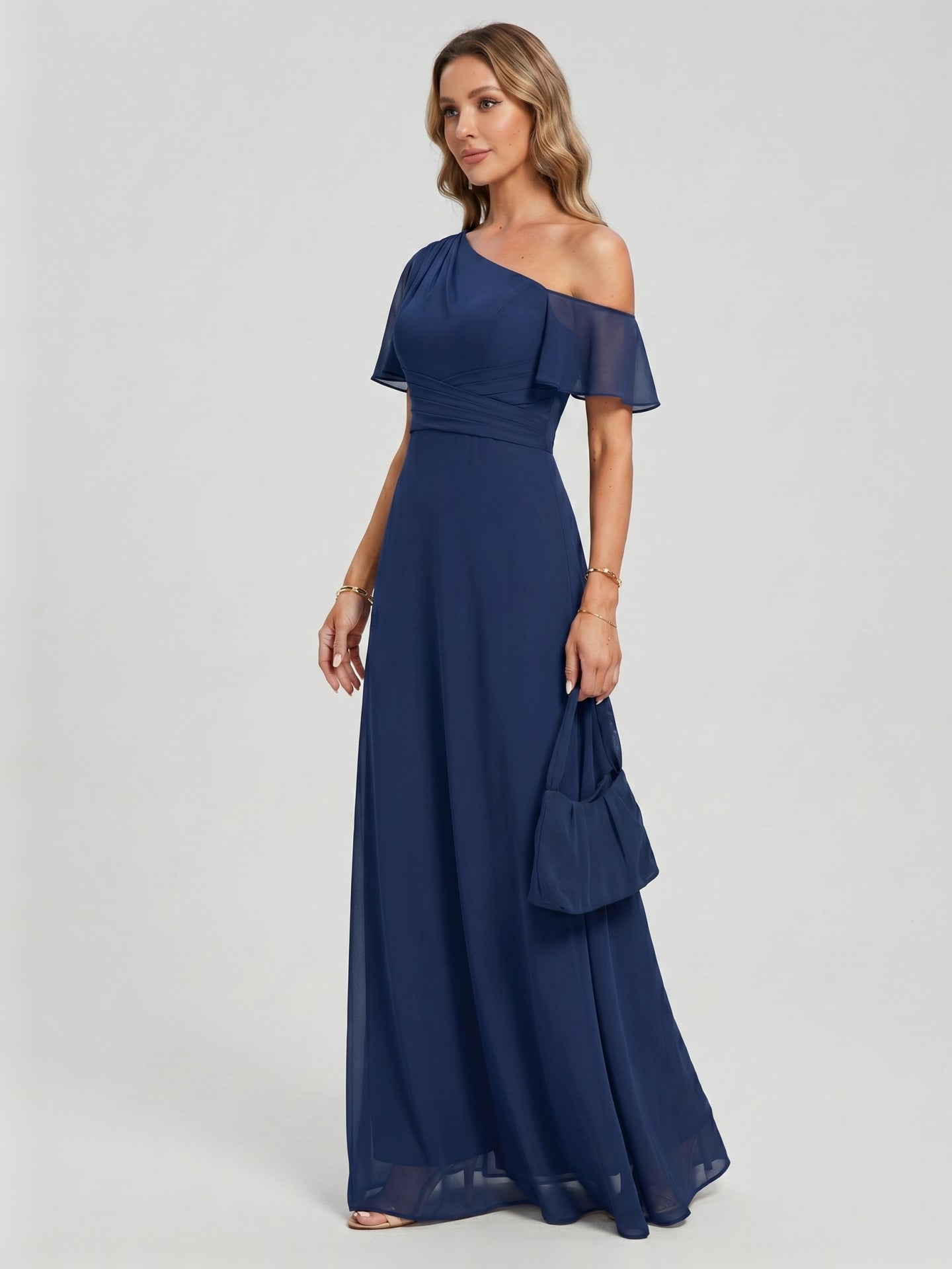 Modest Navy Blue Chiffon A-Line One Shoulder Back Zip with nan Ankle-Length Plus Size Bridesmaid Dress - Curvevia
