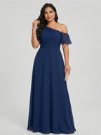 Modest Navy Blue Chiffon A-Line One Shoulder Back Zip with nan Ankle-Length Plus Size Bridesmaid Dress - Curvevia