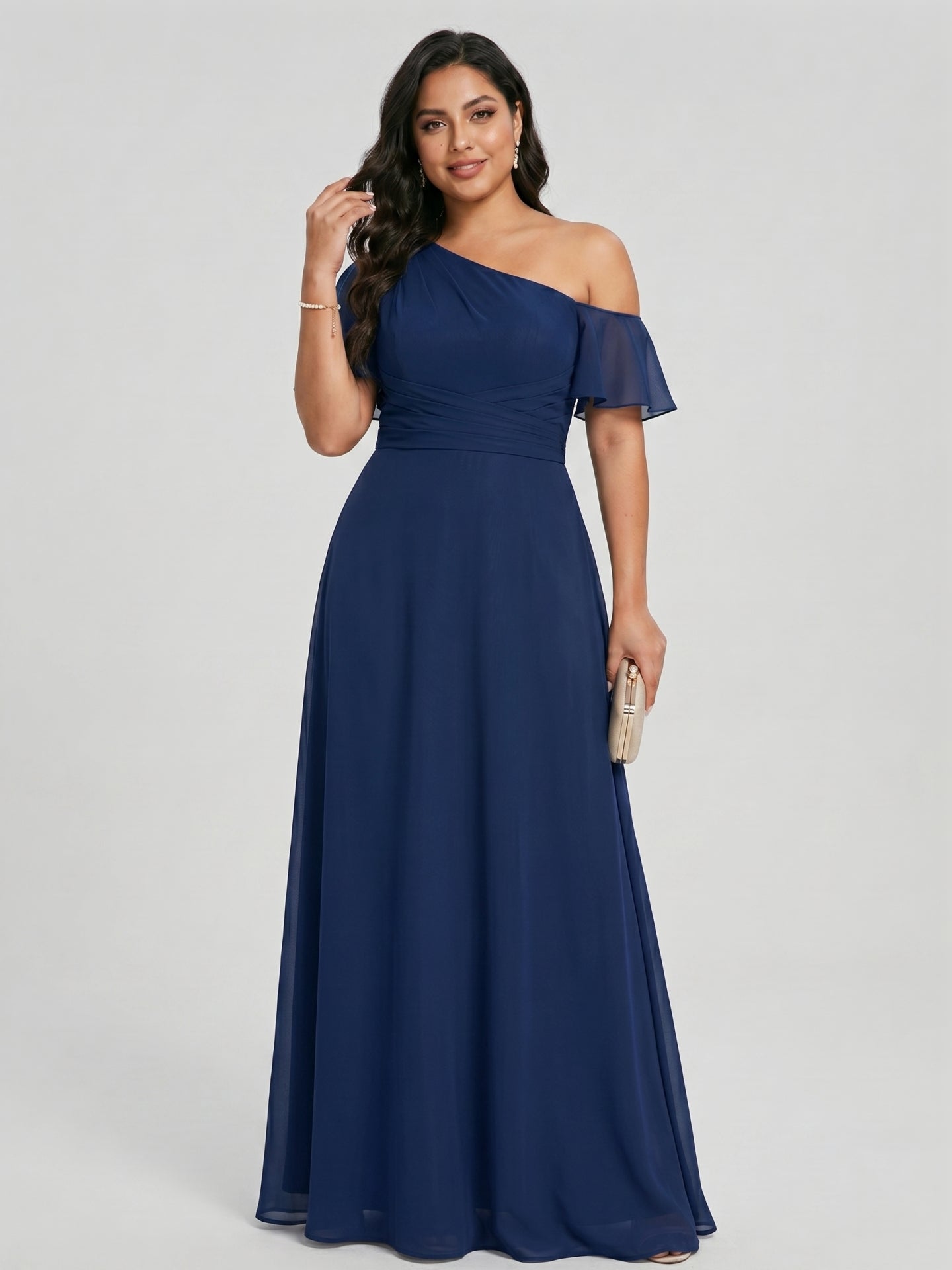 Modest Navy Blue Chiffon A-Line One Shoulder Back Zip with nan Ankle-Length Plus Size Bridesmaid Dress - Curvevia