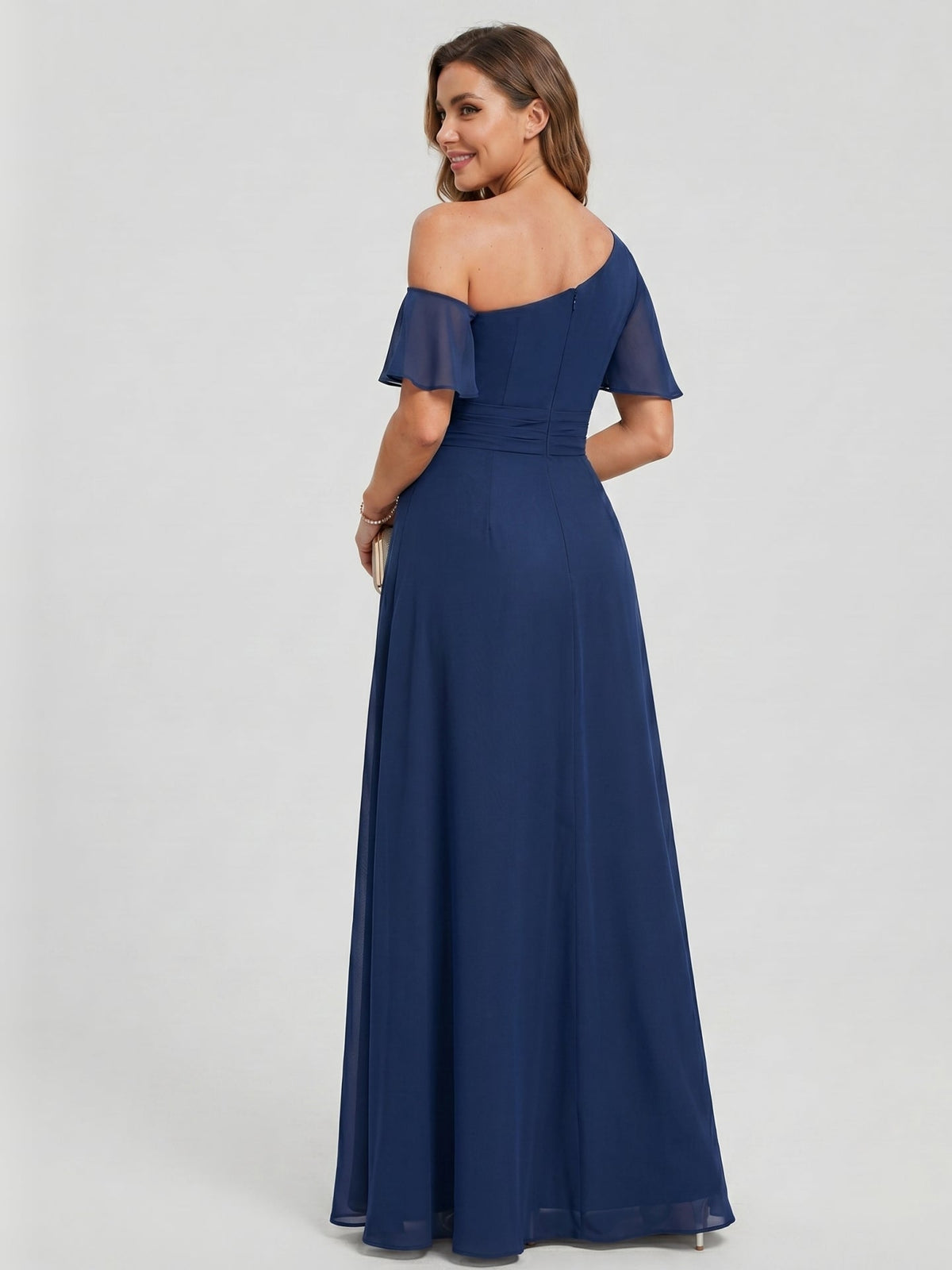 Modest Navy Blue Chiffon A-Line One Shoulder Back Zip with nan Ankle-Length Plus Size Bridesmaid Dress - Curvevia