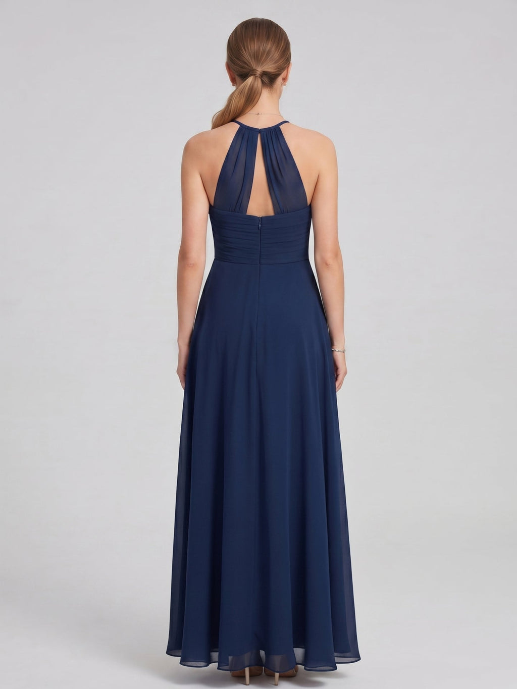 Elegant Navy Blue Chiffon A-Line Halter neckline Ankle-Length Bridesmaid Dress - Curvevia