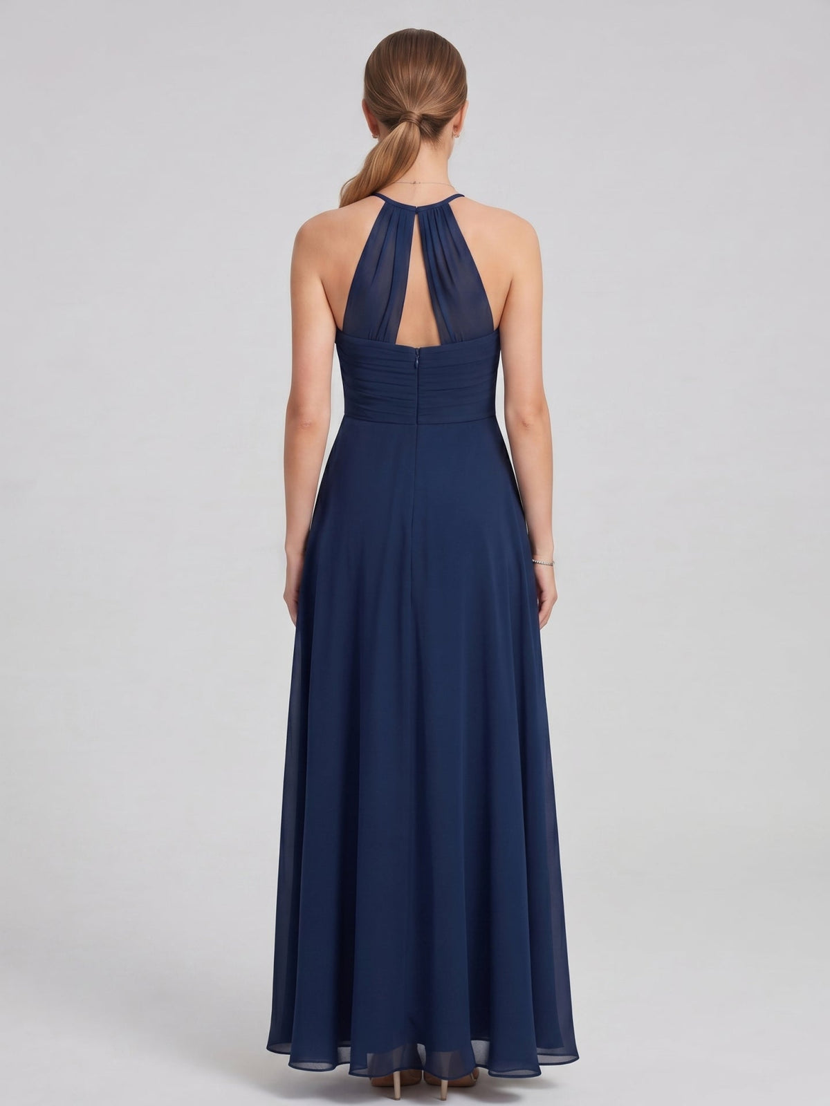 Elegant Navy Blue Chiffon A-Line Halter neckline Ankle-Length Bridesmaid Dress - Curvevia