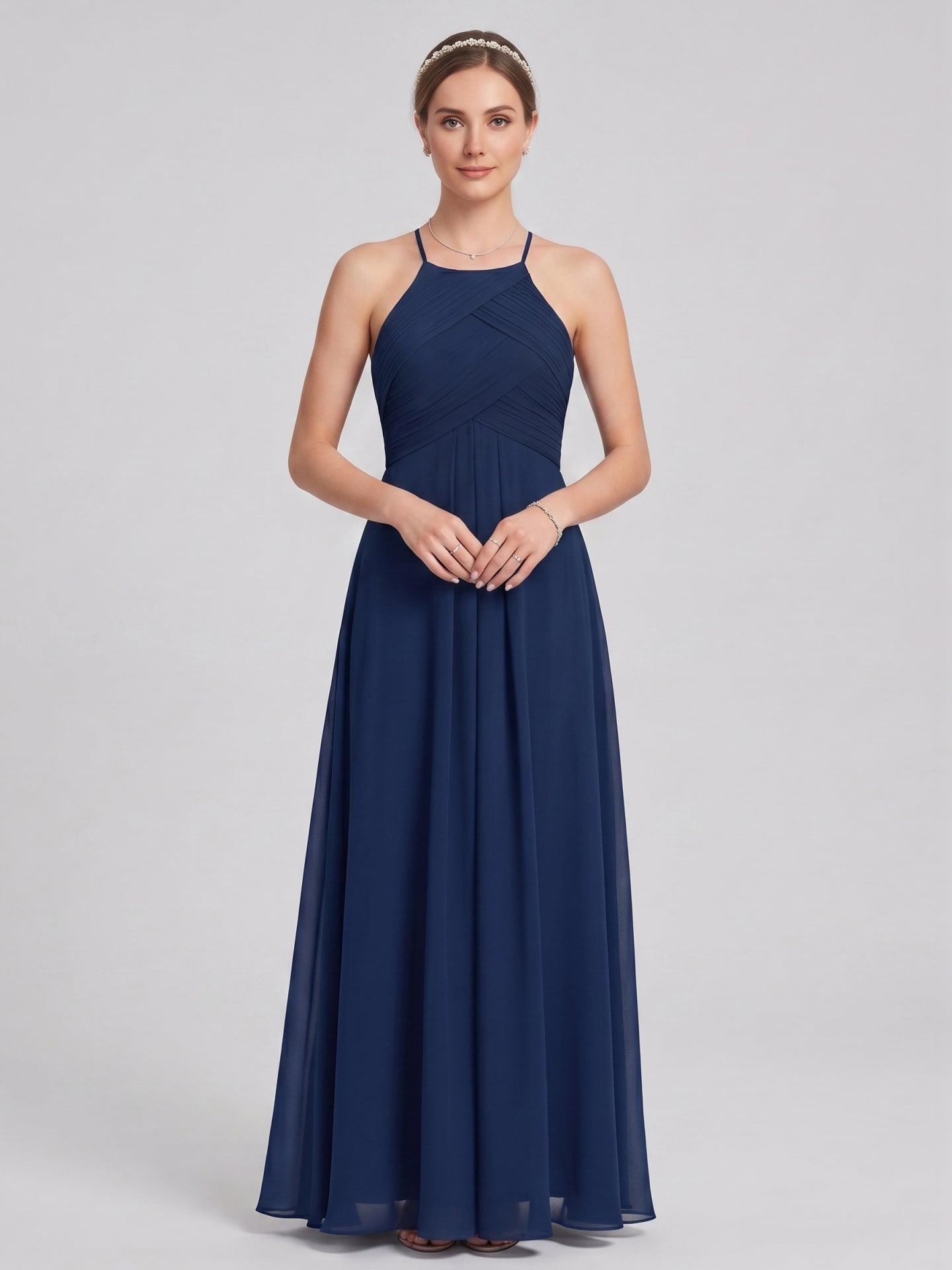 Elegant Navy Blue Chiffon A-Line Halter neckline Ankle-Length Bridesmaid Dress - Curvevia